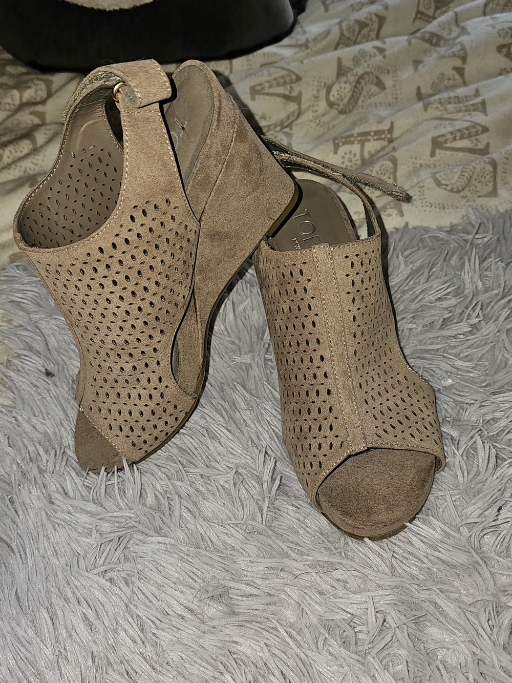 totes Taupe Perforated Suede Wedge Sandals